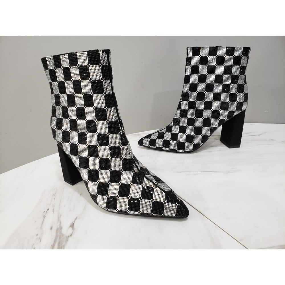 STUNNING Block Heel Ankle Bootie Sz US 6M Rhinestones Checkboard Black Silver